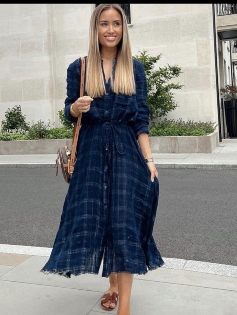 Zara XL Blue Plaid Maxi Dress w/ Raw Hem 23"
